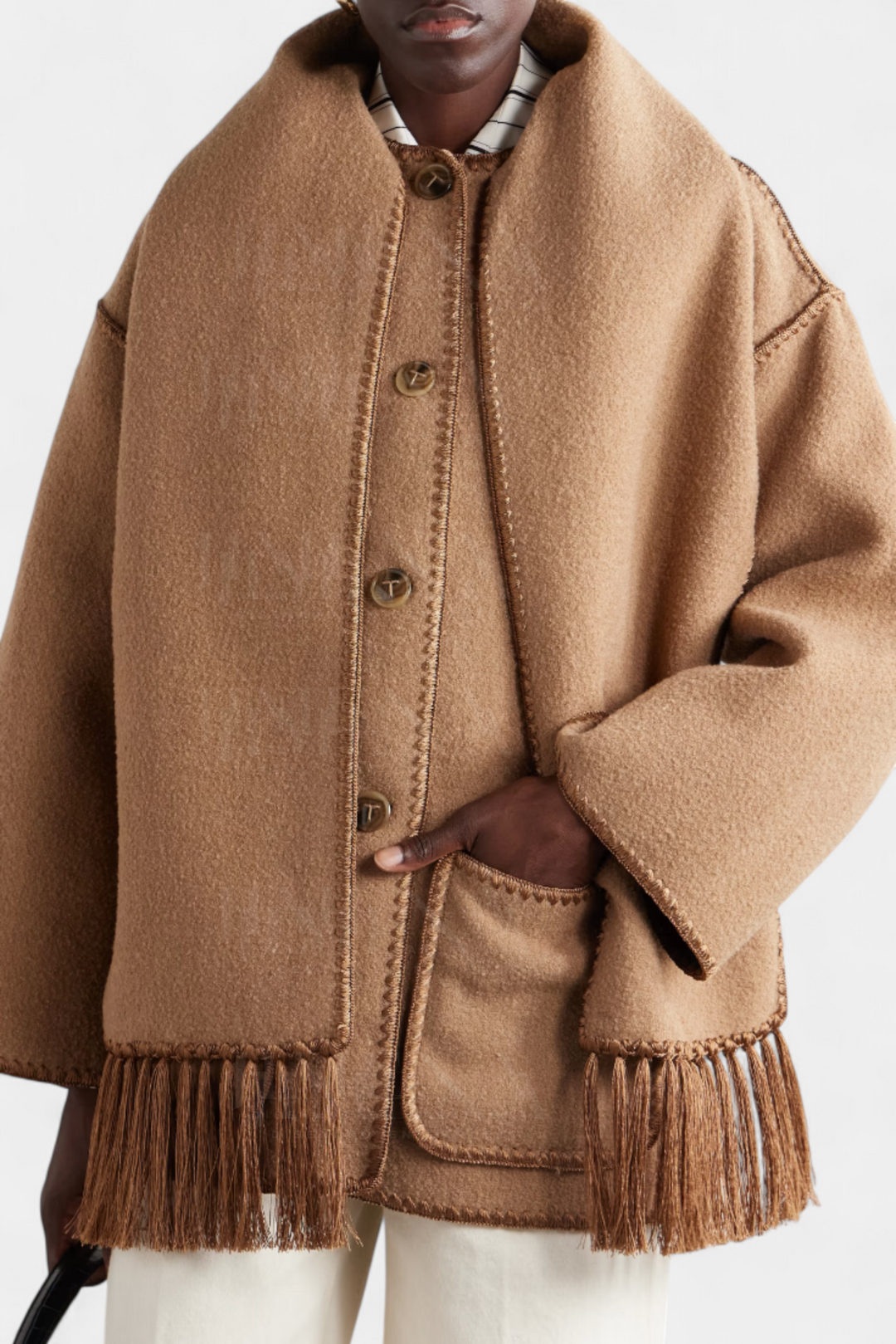 Women’s Wool-Blend Fringe-Trim Scarf Coat