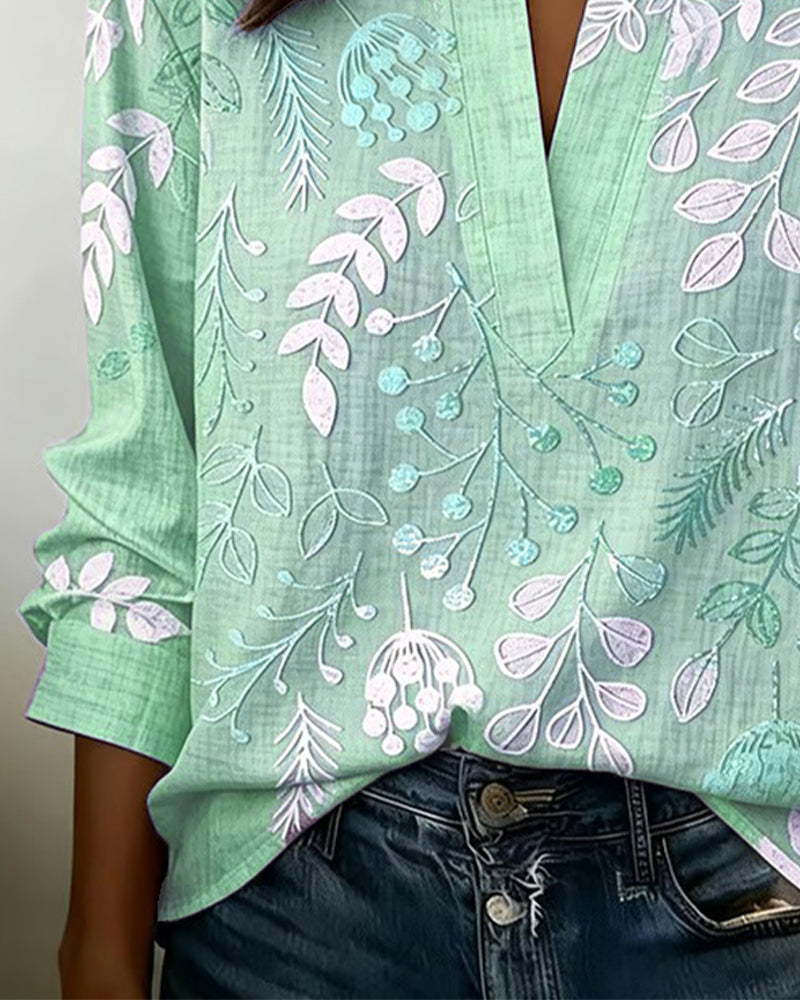 Women's Floral Print Linen V-Neck Long Sleeve Blouse