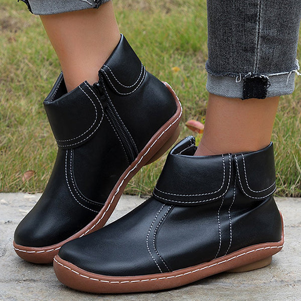 Women's Leather Ankle Boots Slip-On Comfort Shoes with Side Zipper