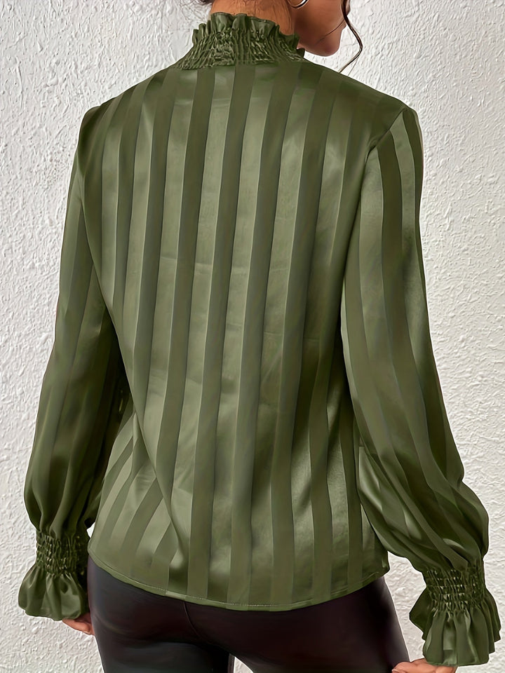 Women's Silk Blouse High Neck Long Sleeve Striped Satin Top