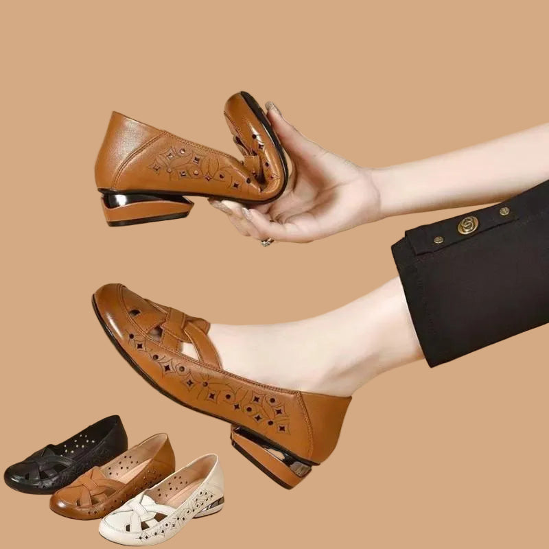Women's Leather Loafers Block Heel Slip On Shoes