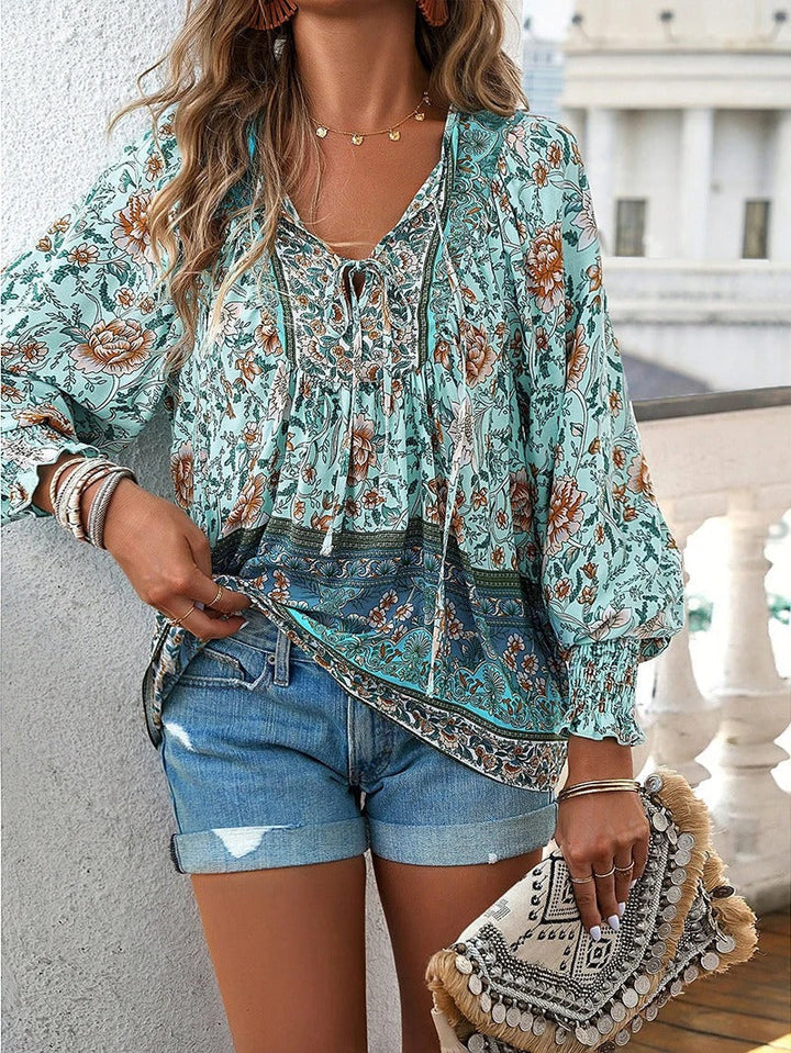 Women's Boho Floral Chiffon Long Sleeve Peasant Blouse Top