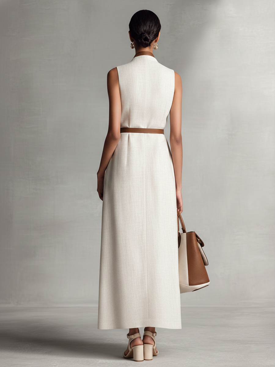 Women's Linen Sleeveless Plunge V-Neck Belted Maxi Dress
