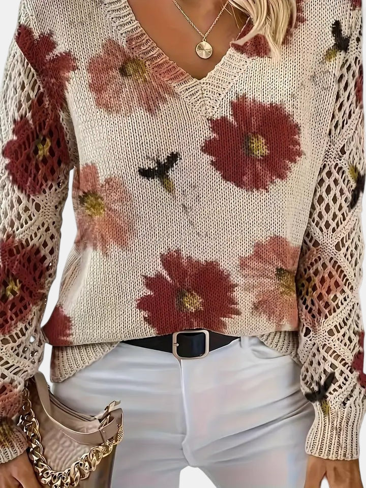 Women's Long Sleeve Knit V-Neck Floral Sweater Jumper