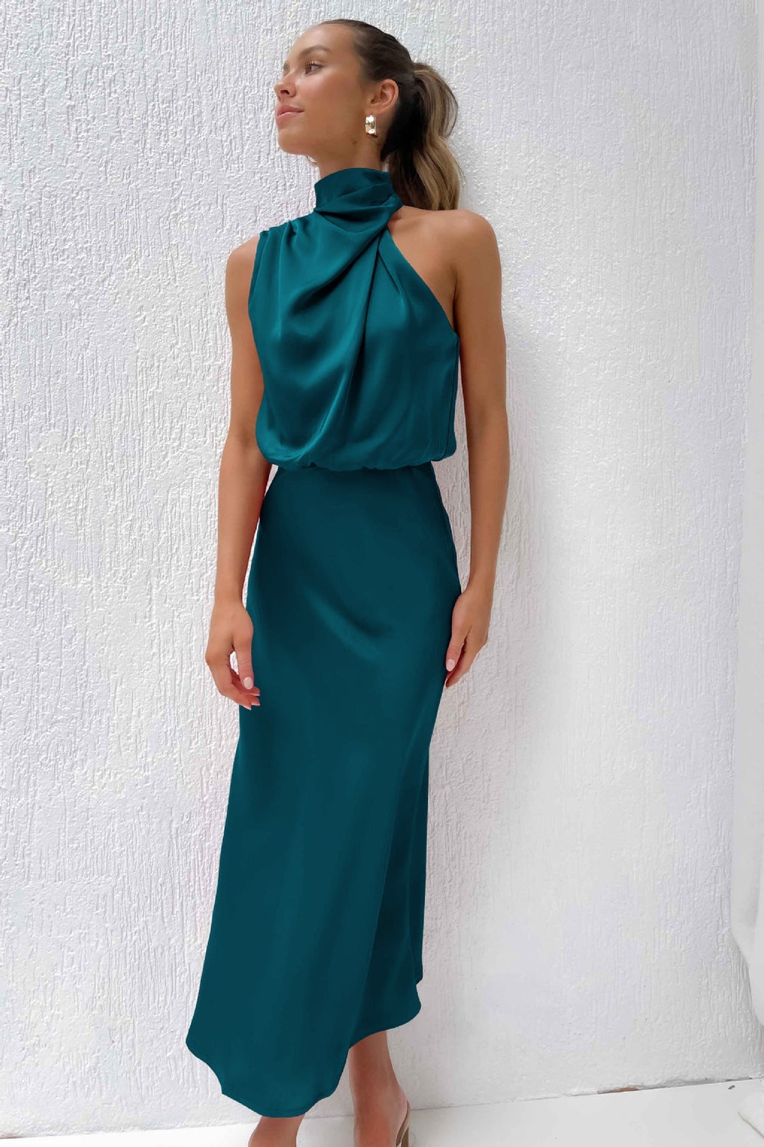 Women's Silk Satin High Neck Halter Midi Dress