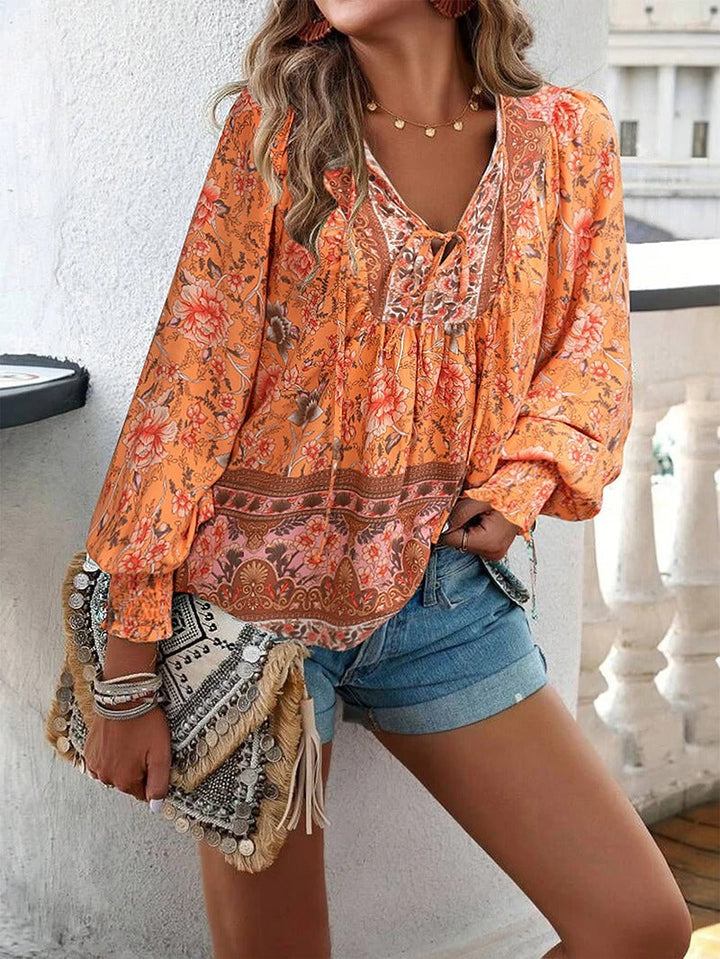 Women's Boho Floral Chiffon Long Sleeve Peasant Blouse Top