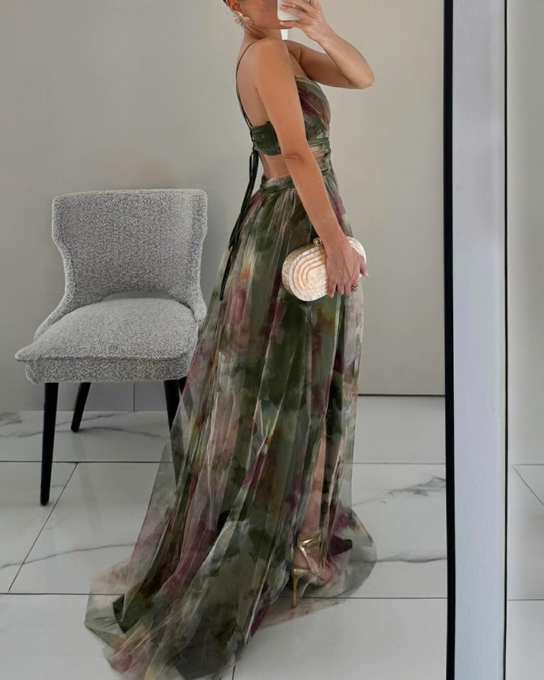 Women's Floral Print Chiffon Cutout V-Neck Backless Maxi Dress