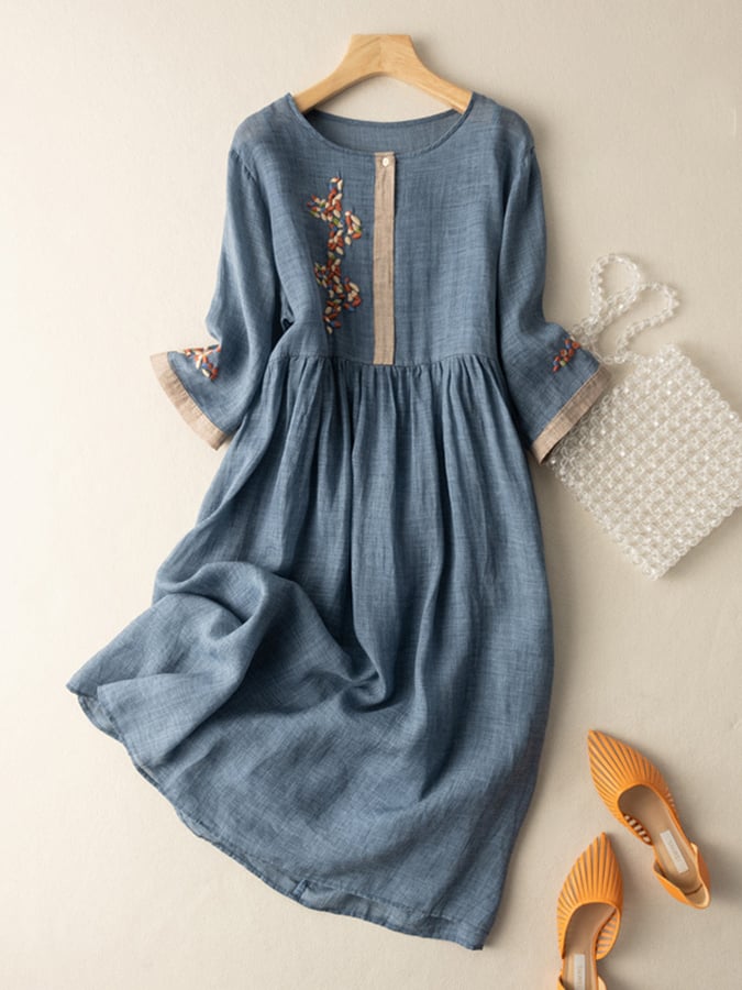Women's Embroidered Linen Midi Dress Dress Floral Boho Casual A-Line Fit