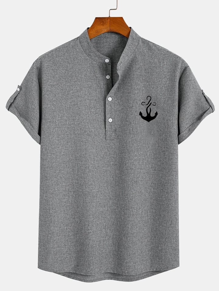 Men Henley Linen Shirt Casual Short Sleeve Cross Graphic Tee