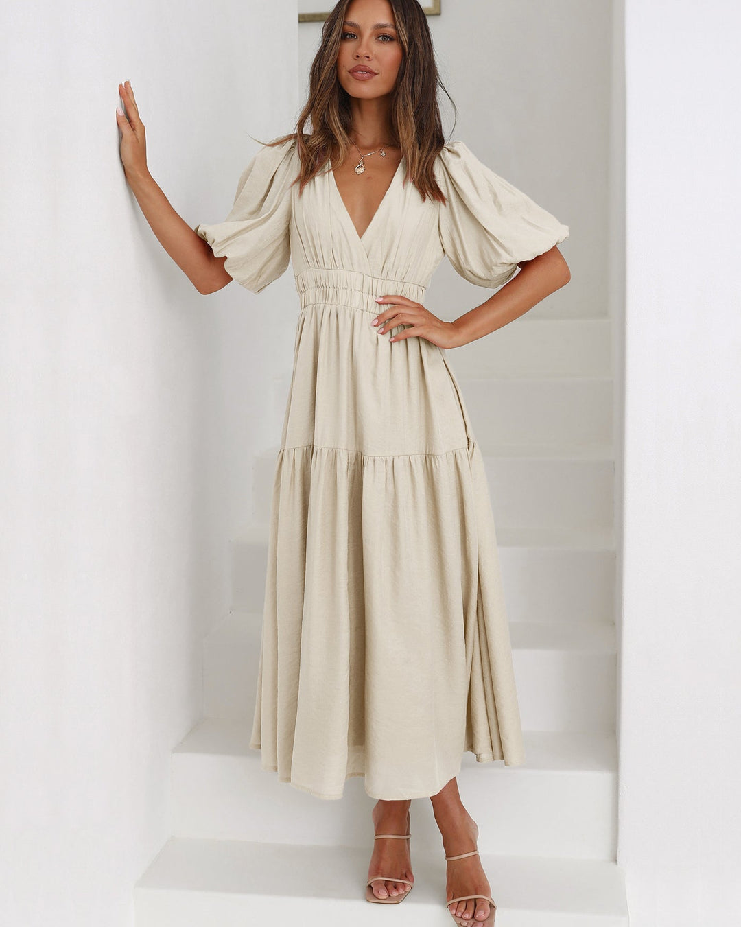 Women's Linen Blend Puff Sleeve Tiered V Neck Midi Wrap Dress