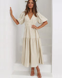 Women's Linen Blend Puff Sleeve Tiered V Neck Midi Wrap Dress