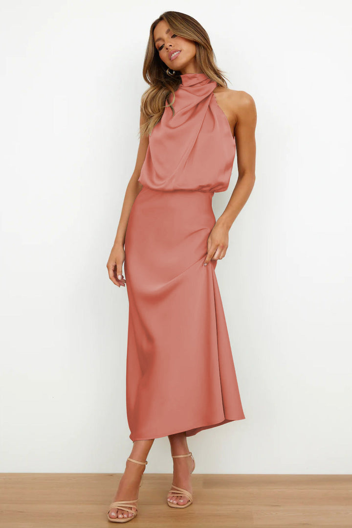 Women's Silk Satin High Neck Halter Midi Dress