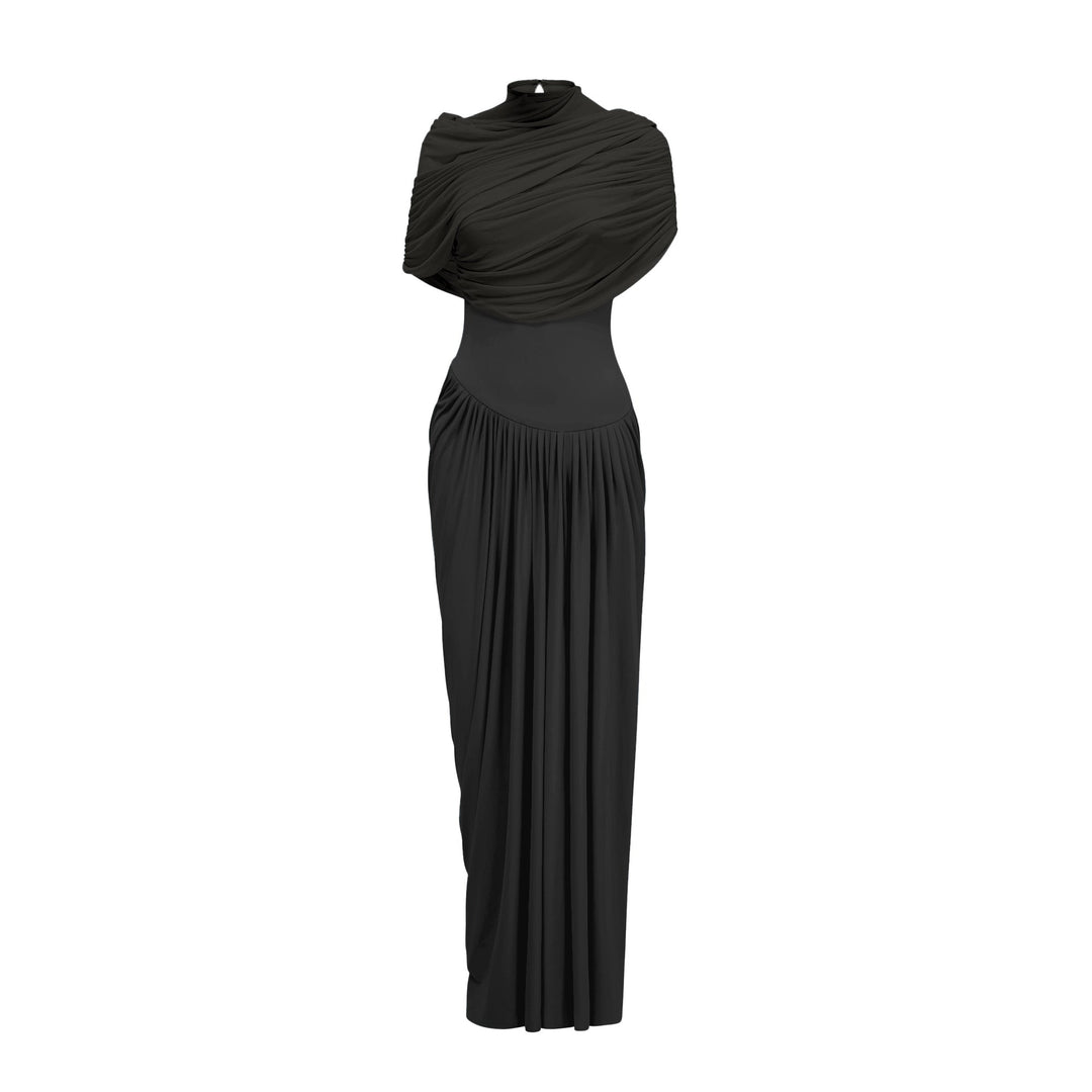 Women’s Satin Draped Mock-Neck Asymmetric Ruched Maxi Dress
