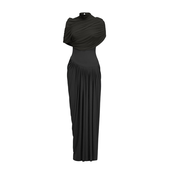 Women’s Satin Draped Mock-Neck Asymmetric Ruched Maxi Dress