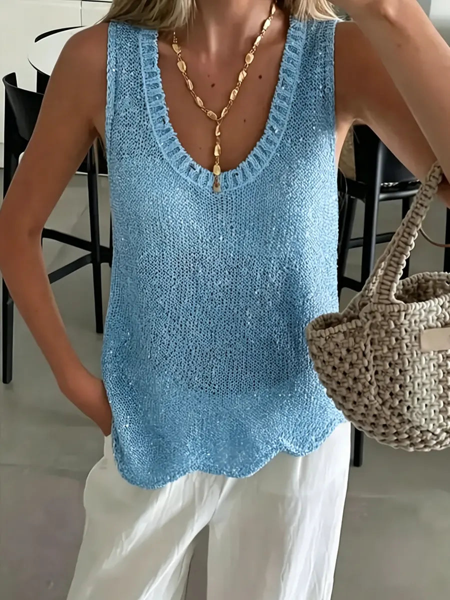 Women's Knit Scoop Neck Vest Top Tank Crochet Sleeveless