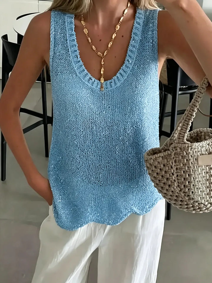 Women's Knit Scoop Neck Vest Top Tank Crochet Sleeveless