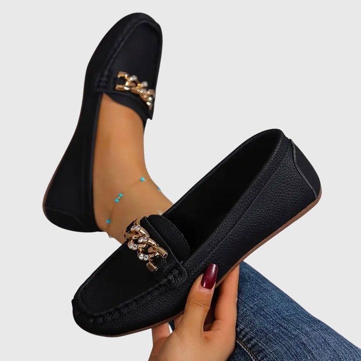 Women's Leather Loafers Chain Flat Shoes Moccasins Slips On
