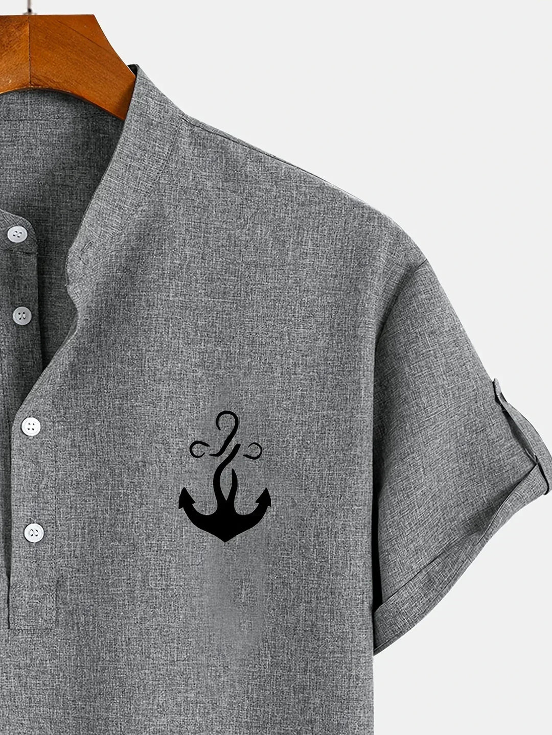 Men Henley Linen Shirt Casual Short Sleeve Cross Graphic Tee