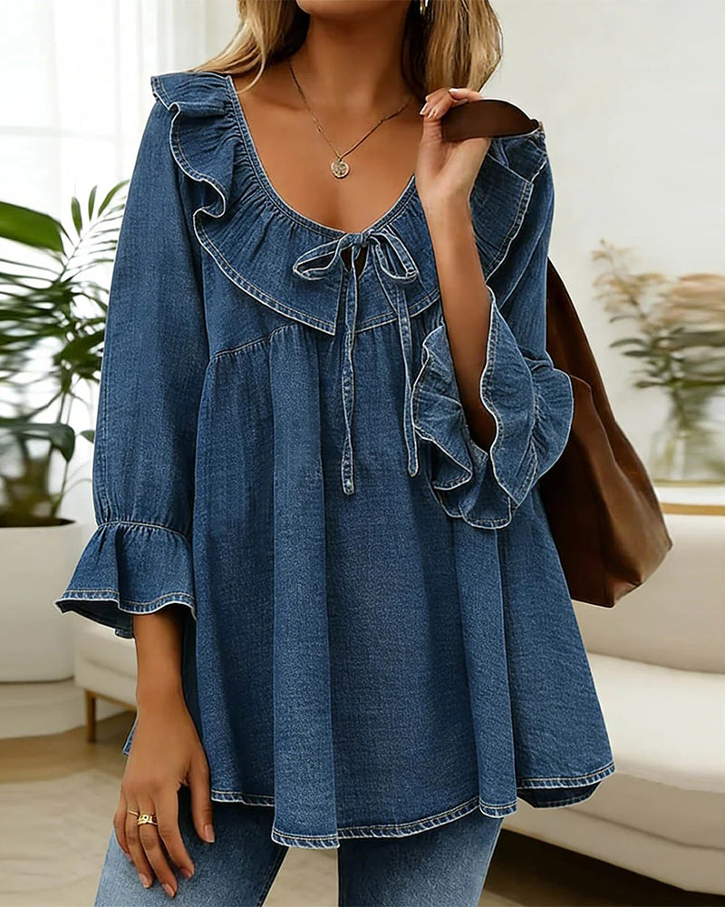 Women’s Denim Ruffled V-Neck Long-Sleeve Blouse