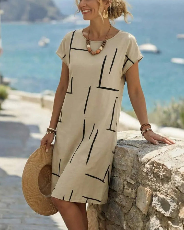 Women's Short Sleeve Linen Midi Shift Dress