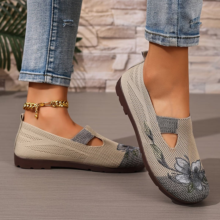 Women's Knit Slip On Walking Flat Shoes Floral Print Loafers