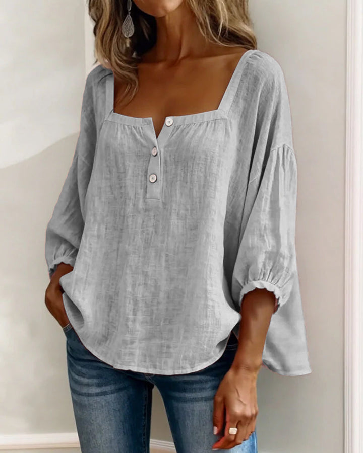 Women's Linen Blouse Square Neck Long Sleeve Casual Top Shirt