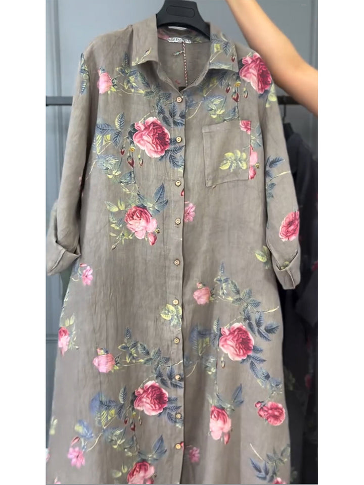 Women's Linen Floral Print Long Sleeve Midi Tunic Shirt Dress