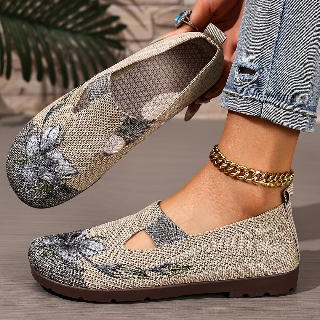 Women's Knit Slip On Walking Flat Shoes Floral Print Loafers
