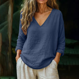 Women's V-Neck Linen Blouse Long Sleeve Top