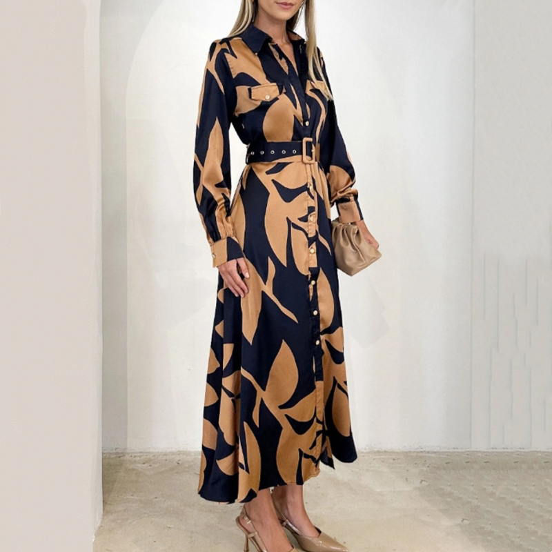 Women's Linen Floral Maxi Shirt Dress Long Sleeve