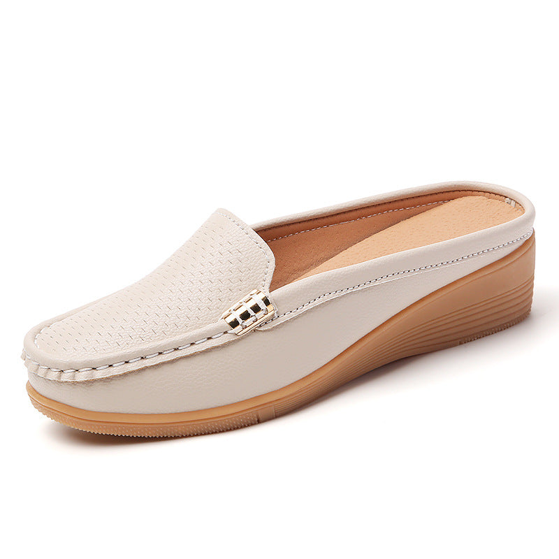 Women's Leather Mules Wedge Loafers Slip On Shoes