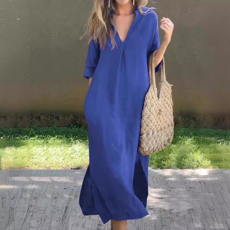 Robe longue caftan pour femme en lin, col en V et manches courtes