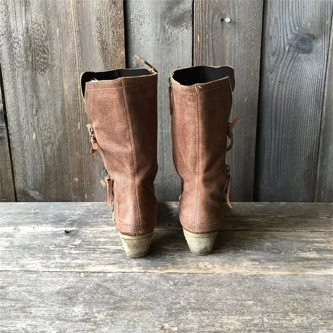 Women’s Leather Pull On Mid Heel Calf Boots