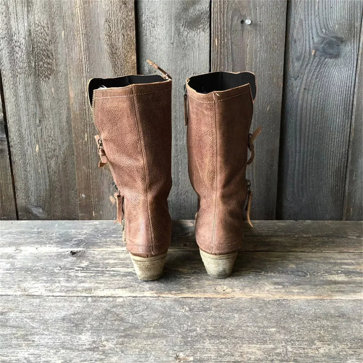 Women’s Leather Pull On Mid Heel Calf Boots