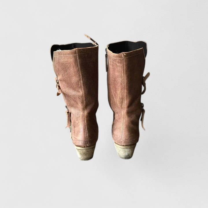Bottes pour femmes en cuir, talon bas, fermeture éclair, bout rond, mi-mollet