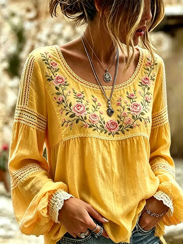 Women's Embroidered Linen Blouse Long Sleeve Casual Top