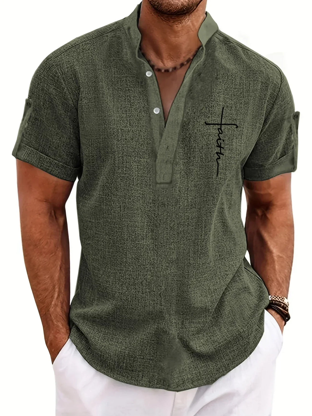 Men Henley Linen Shirt Casual Short Sleeve Cross Graphic Tee
