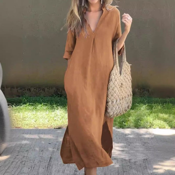 Robe longue caftan pour femme en lin, col en V et manches courtes