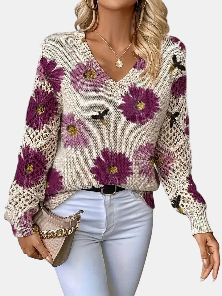 Women's Long Sleeve Knit V-Neck Floral Sweater Jumper