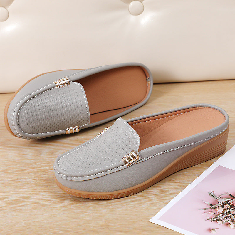 Women's Leather Mules Wedge Loafers Slip On Shoes