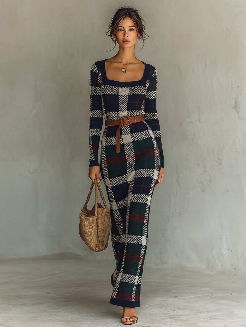 Women's Long Sleeve Knit Plaid Slim Fit Maxi Dress
