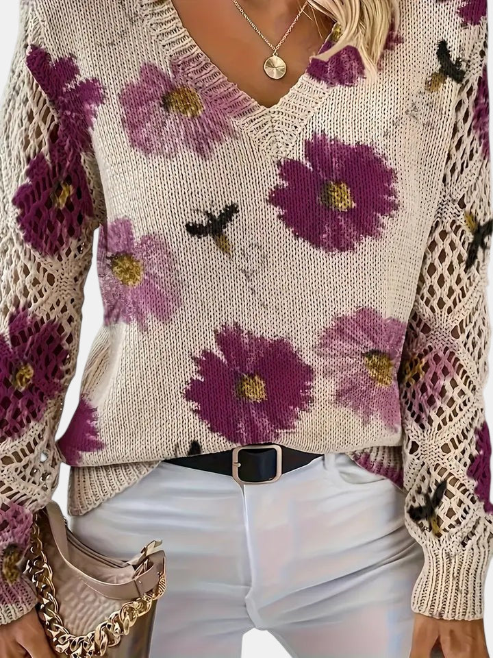 Women's Long Sleeve Knit V-Neck Floral Sweater Jumper