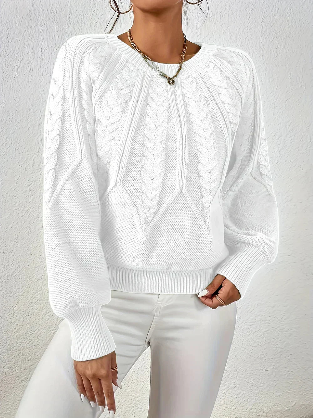Women's Knit Jumper Cable Crew Neck Wool Mix Pullover Sweater