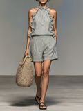 Women's Linen Blend Striped Sleeveless Ruffled Halter Top & Shorts Set