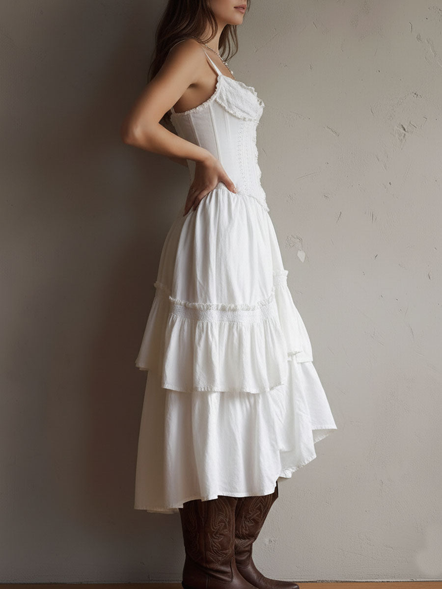 Women's Linen Corset-Style Tiered Midi Dress