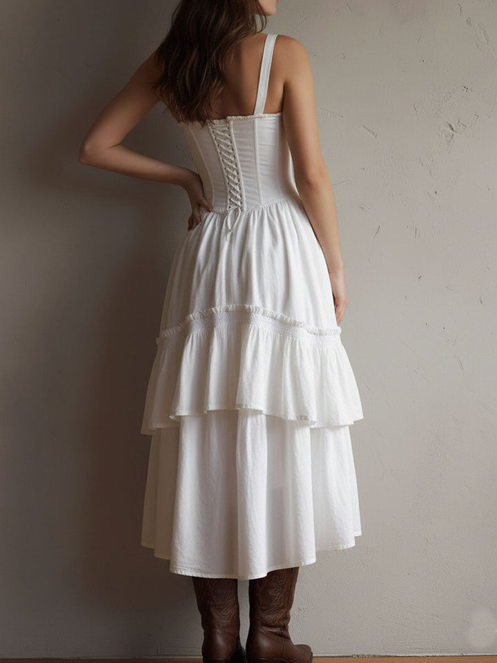 Women's Linen Corset-Style Tiered Midi Dress