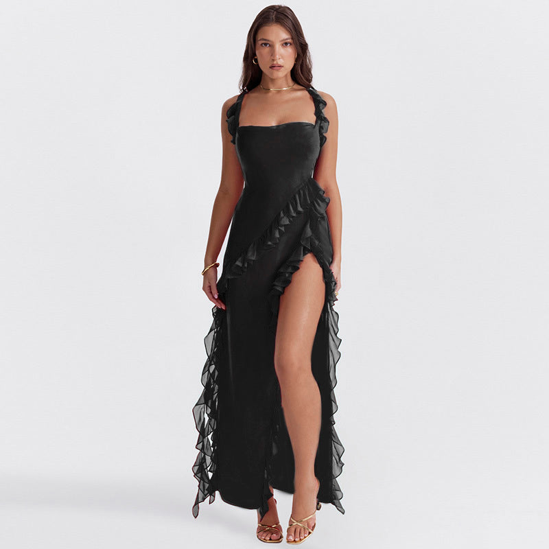 Women's Chiffon Ruffle Maxi Dress Silk Mix Evening Gown