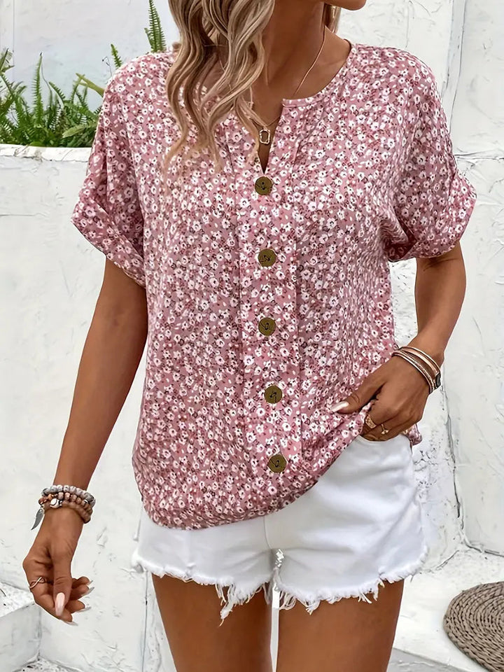 Women's Linen Floral Print V Neck Short Sleeve Button Up Blouse