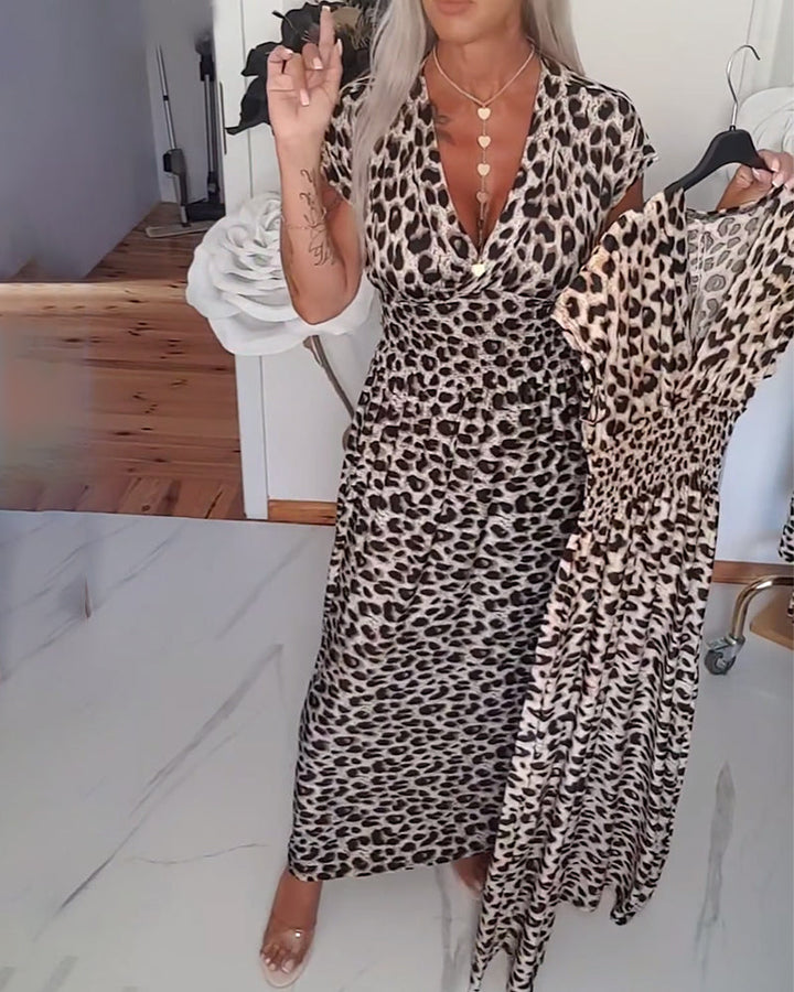 Women's Rayon Animal Print V-Neck Short-Sleeve Wrap Maxi Dress