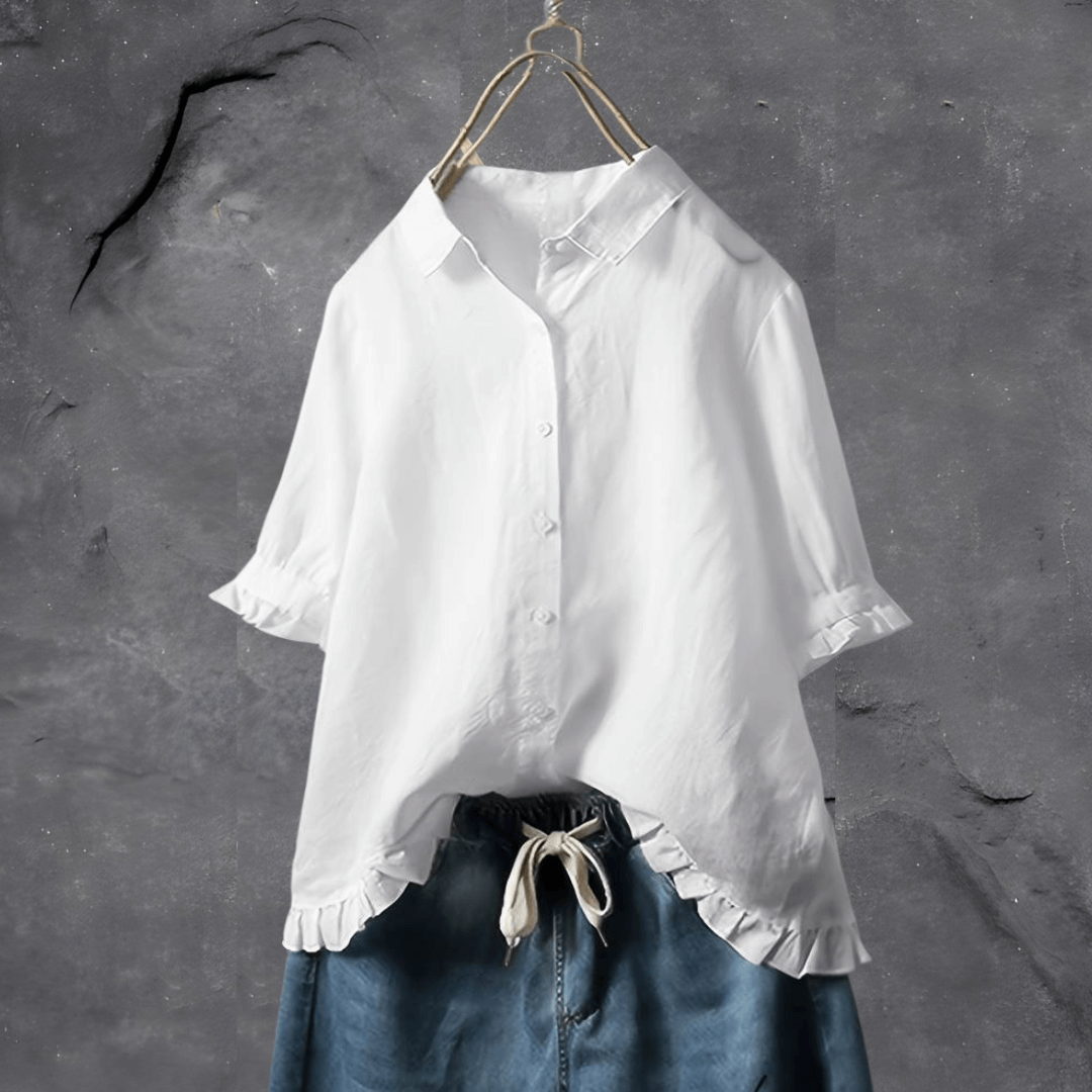 Women's Linen Blouse Ruffle Hem Short Sleeve Button Shirt Top